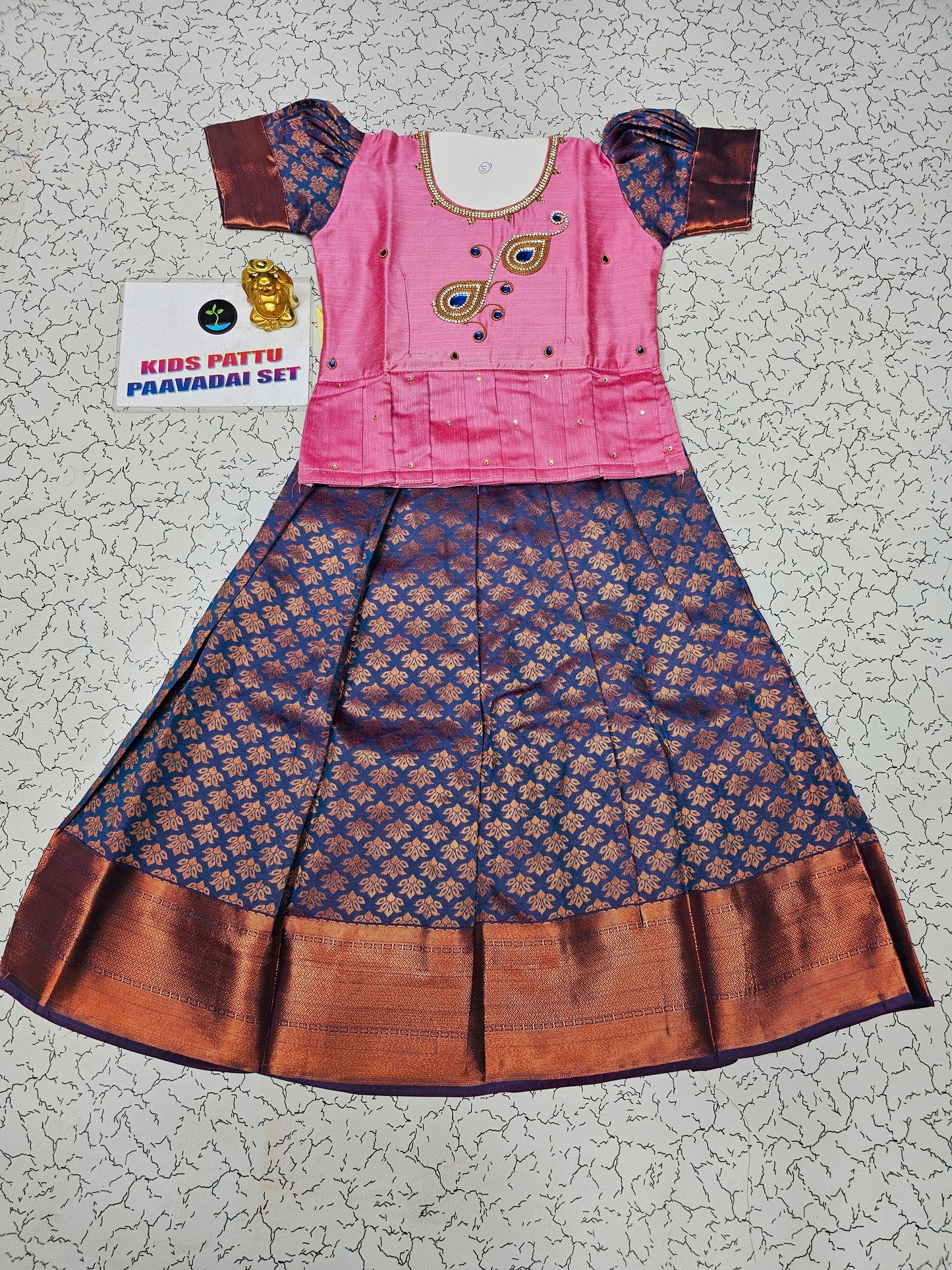 Pink and navy blue bridal silk pattu pavadai for kids with puff sleeves and dual peacock embroidery – Sri Thulir Tex South Indian traditional kids wear