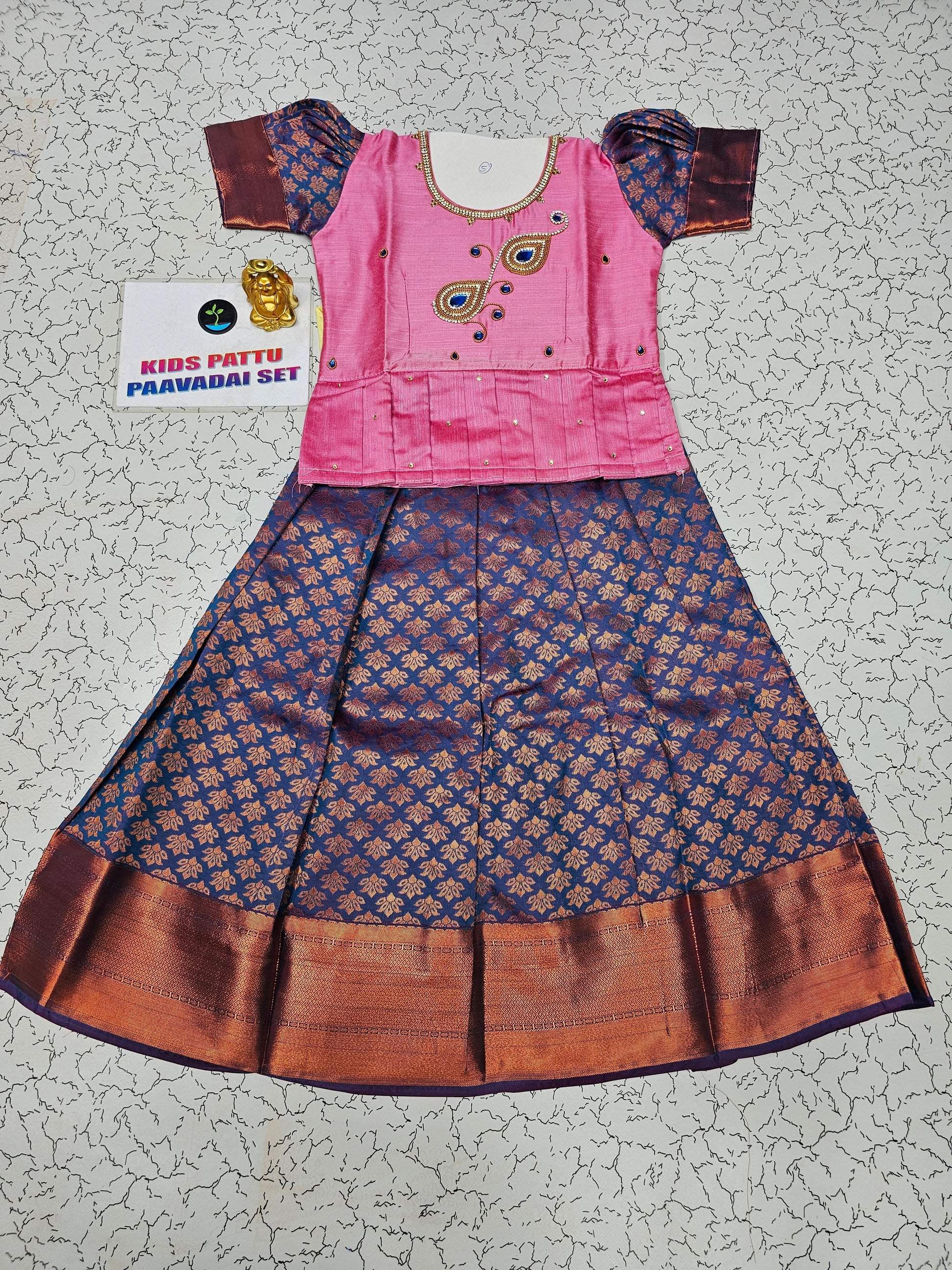 Pink and navy blue bridal silk pattu pavadai for kids with puff sleeves and dual peacock embroidery – Sri Thulir Tex South Indian traditional kids wear