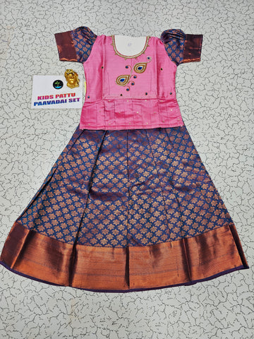 Pink and navy blue bridal silk pattu pavadai for kids with puff sleeves and dual peacock embroidery – Sri Thulir Tex South Indian traditional kids wear