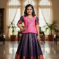 Pink and navy blue bridal silk pattu pavadai for kids with puff sleeves and dual peacock embroidery – Sri Thulir Tex South Indian traditional kids wear