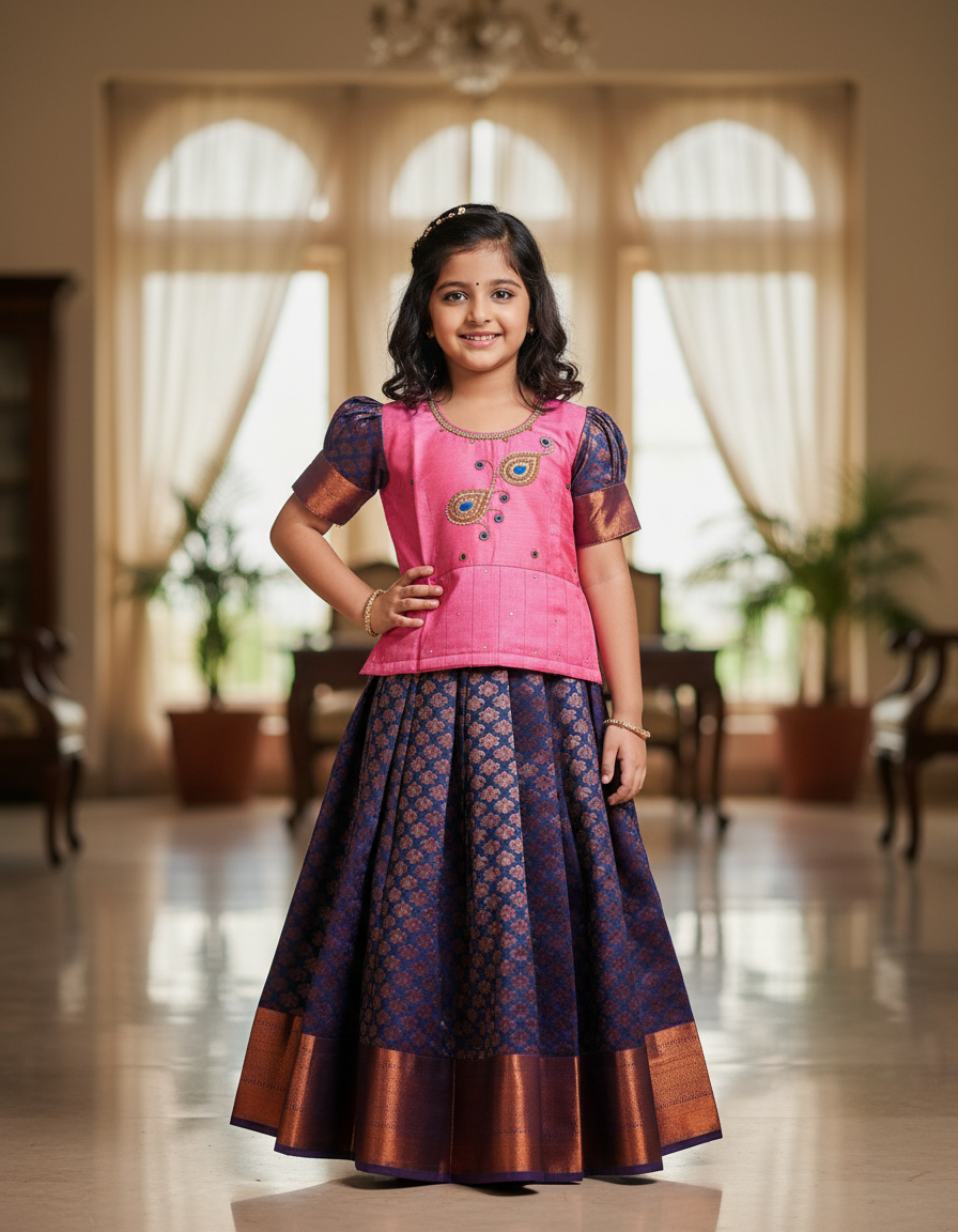 Pink and navy blue bridal silk pattu pavadai for kids with puff sleeves and dual peacock embroidery – Sri Thulir Tex South Indian traditional kids wear