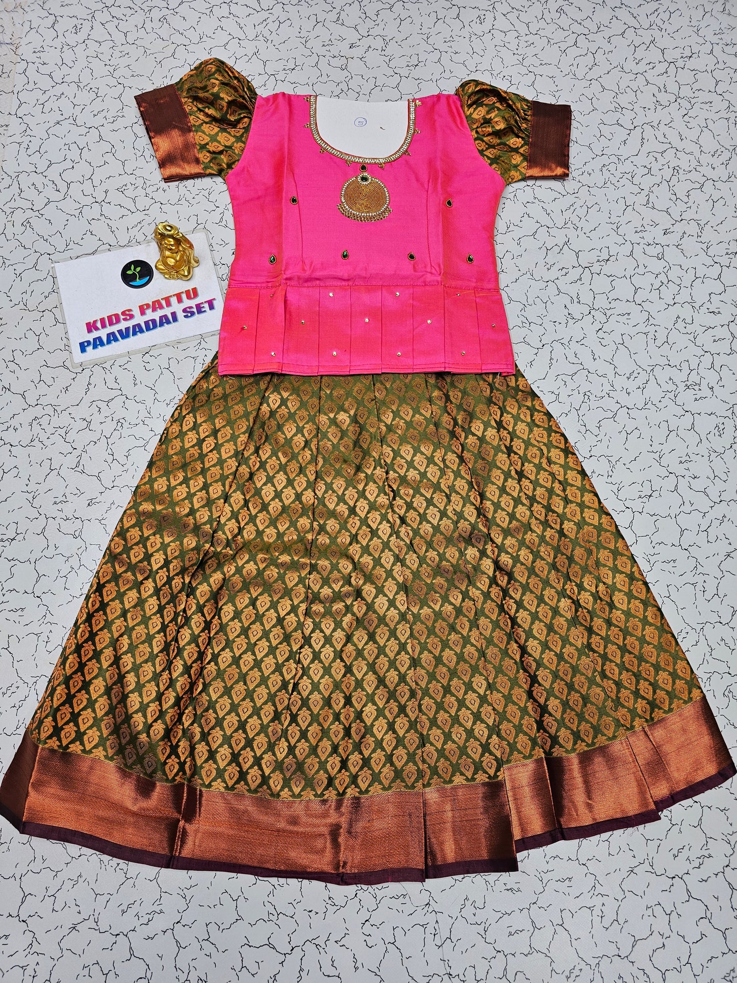 Pink and olive green bridal silk pattu pavadai for kids with puff sleeves and necklace-style embroidery – Sri Thulir Tex traditional South Indian festive wear