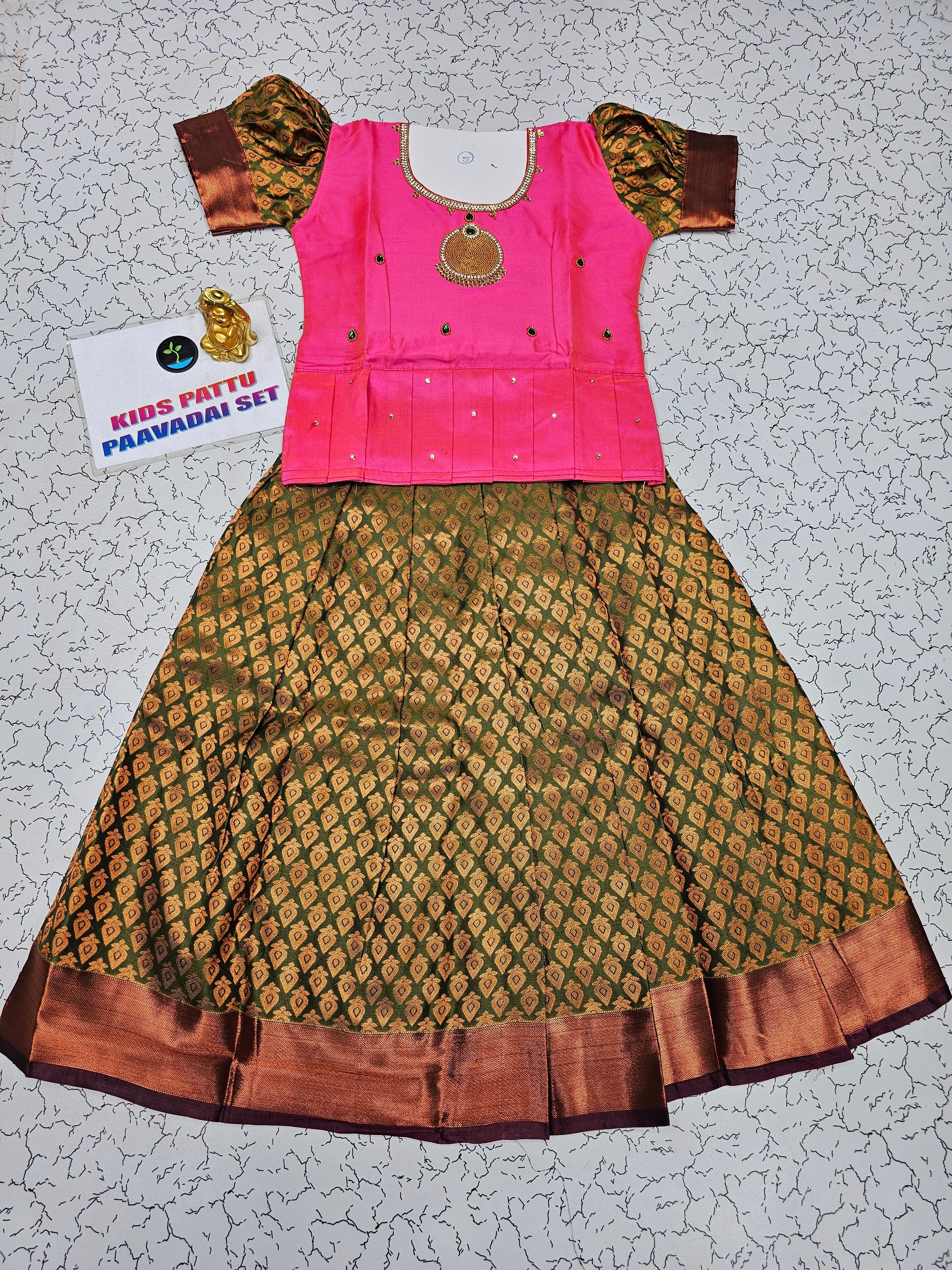 Pink and olive green bridal silk pattu pavadai for kids with puff sleeves and necklace-style embroidery – Sri Thulir Tex traditional South Indian festive wear