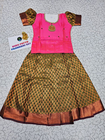 Pink and olive green bridal silk pattu pavadai for kids with puff sleeves and necklace-style embroidery – Sri Thulir Tex traditional South Indian festive wear