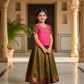 Pink and olive green bridal silk pattu pavadai for kids with puff sleeves and necklace-style embroidery – Sri Thulir Tex traditional South Indian festive wear