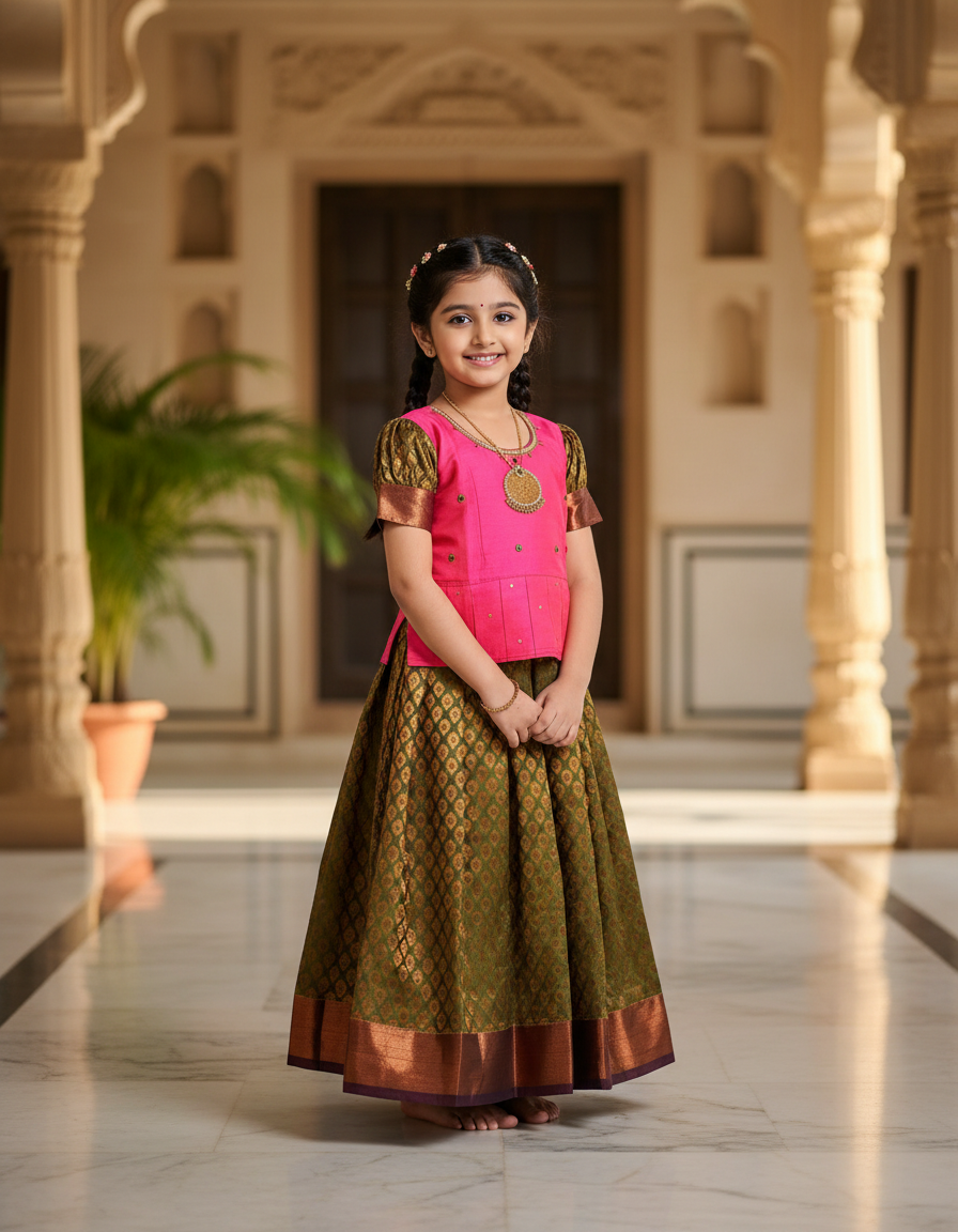Pink and olive green bridal silk pattu pavadai for kids with puff sleeves and necklace-style embroidery – Sri Thulir Tex traditional South Indian festive wear