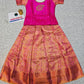 Pink and peach kids pattu pavadai set with puff sleeves and bridal silk skirt by Sri Thulir Tex