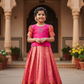 Pink and peach kids pattu pavadai set with puff sleeves and bridal silk skirt by Sri Thulir Tex