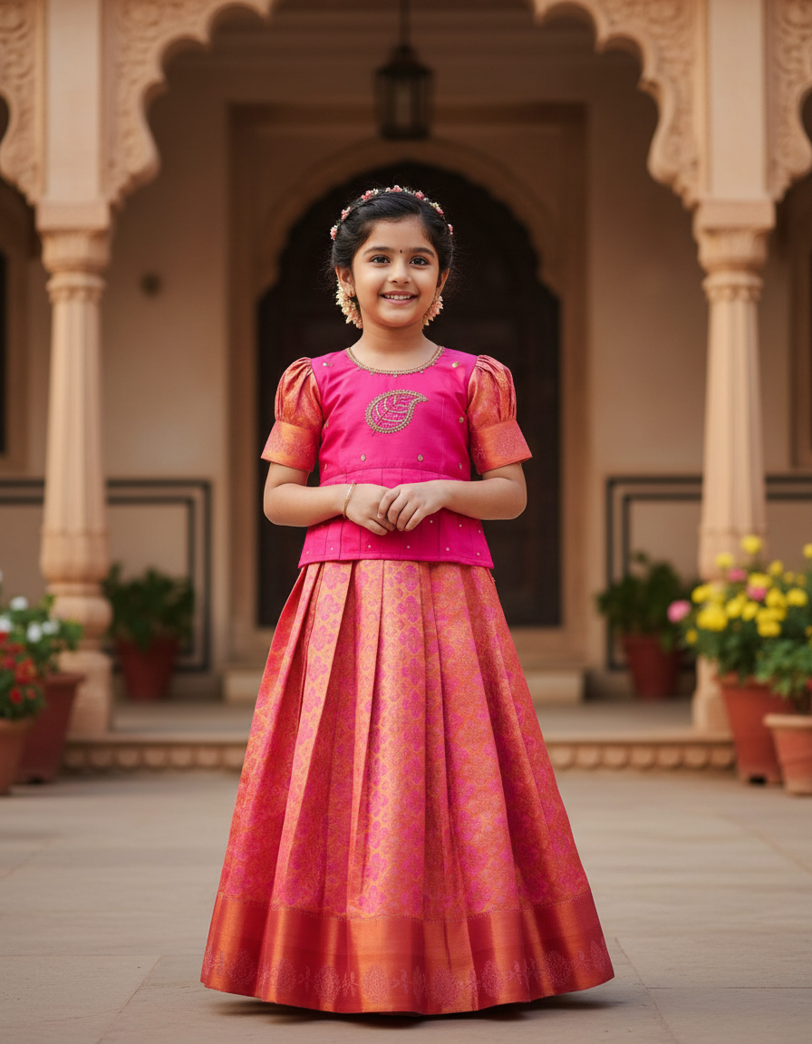 Pink and peach kids pattu pavadai set with puff sleeves and bridal silk skirt by Sri Thulir Tex