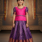 Pink and purple kids pattu pavadai set with puff sleeves and zari woven bridal silk skirt by Sri Thulir Tex