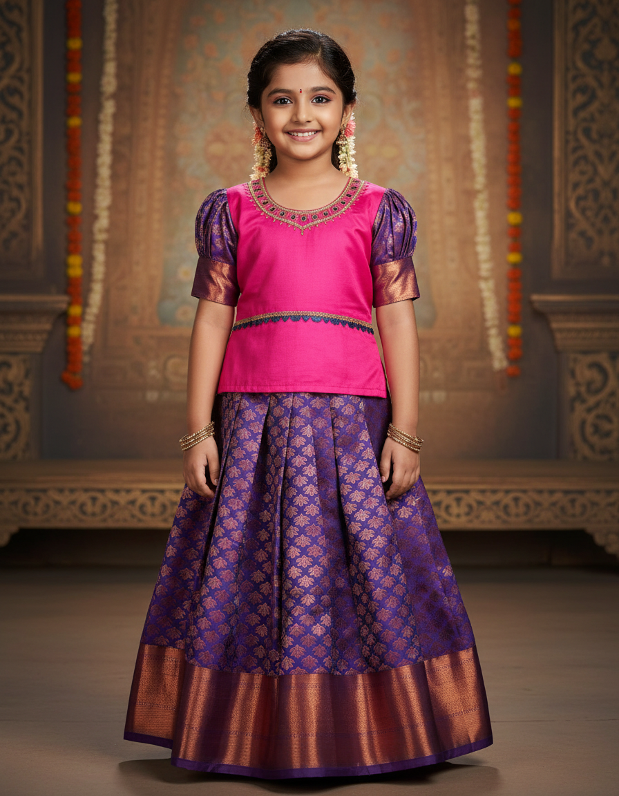 Pink and purple kids pattu pavadai set with puff sleeves and zari woven bridal silk skirt by Sri Thulir Tex