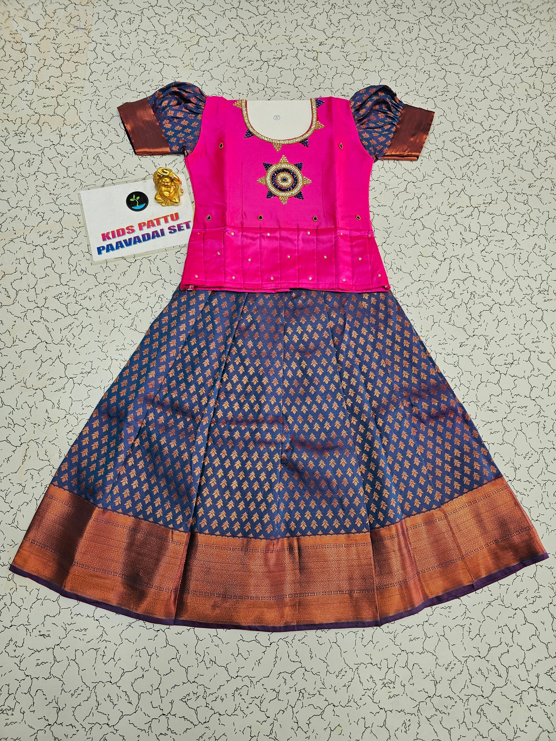 Pink and royal blue bridal silk pattu pavadai for kids with puff sleeves and star stone embroidery – Sri Thulir Tex South Indian festive dress