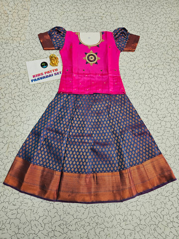 Pink and royal blue bridal silk pattu pavadai for kids with puff sleeves and star stone embroidery – Sri Thulir Tex South Indian festive dress