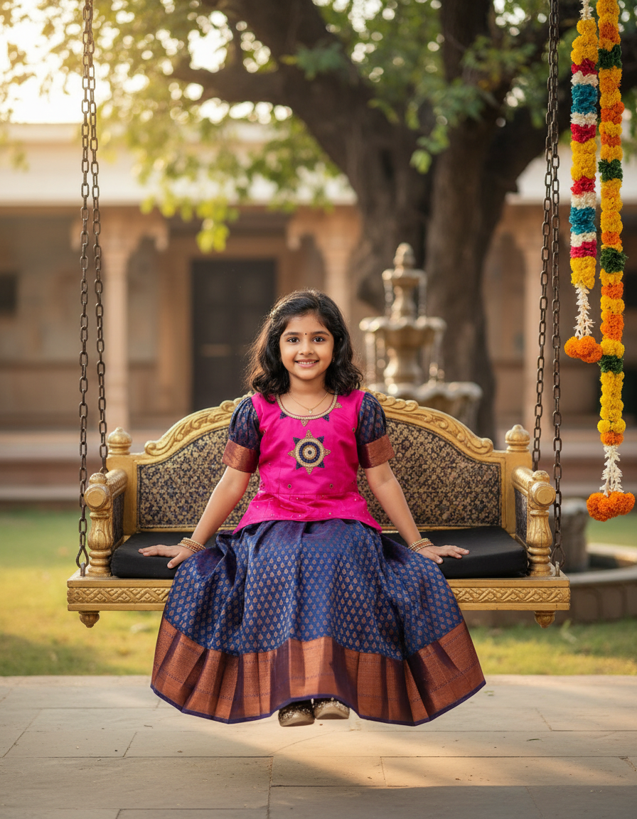 Pink and royal blue bridal silk pattu pavadai for kids with puff sleeves and star stone embroidery – Sri Thulir Tex South Indian festive dress