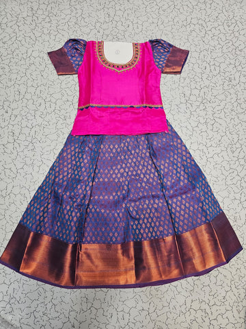 Pink and royal blue kids pattu pavadai set with stonework neck design and zari bridal silk skirt – Sri Thulir Tex