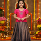 Pink semi silk and bridal silk pattu pavadai for girls with puff sleeves and stone work neck, traditional South Indian festive wear by Sri Thulir Tex
