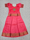 Pink semi silk pattu pavadai for girls with puff sleeve and golden zari border – Sri Thulir Tex