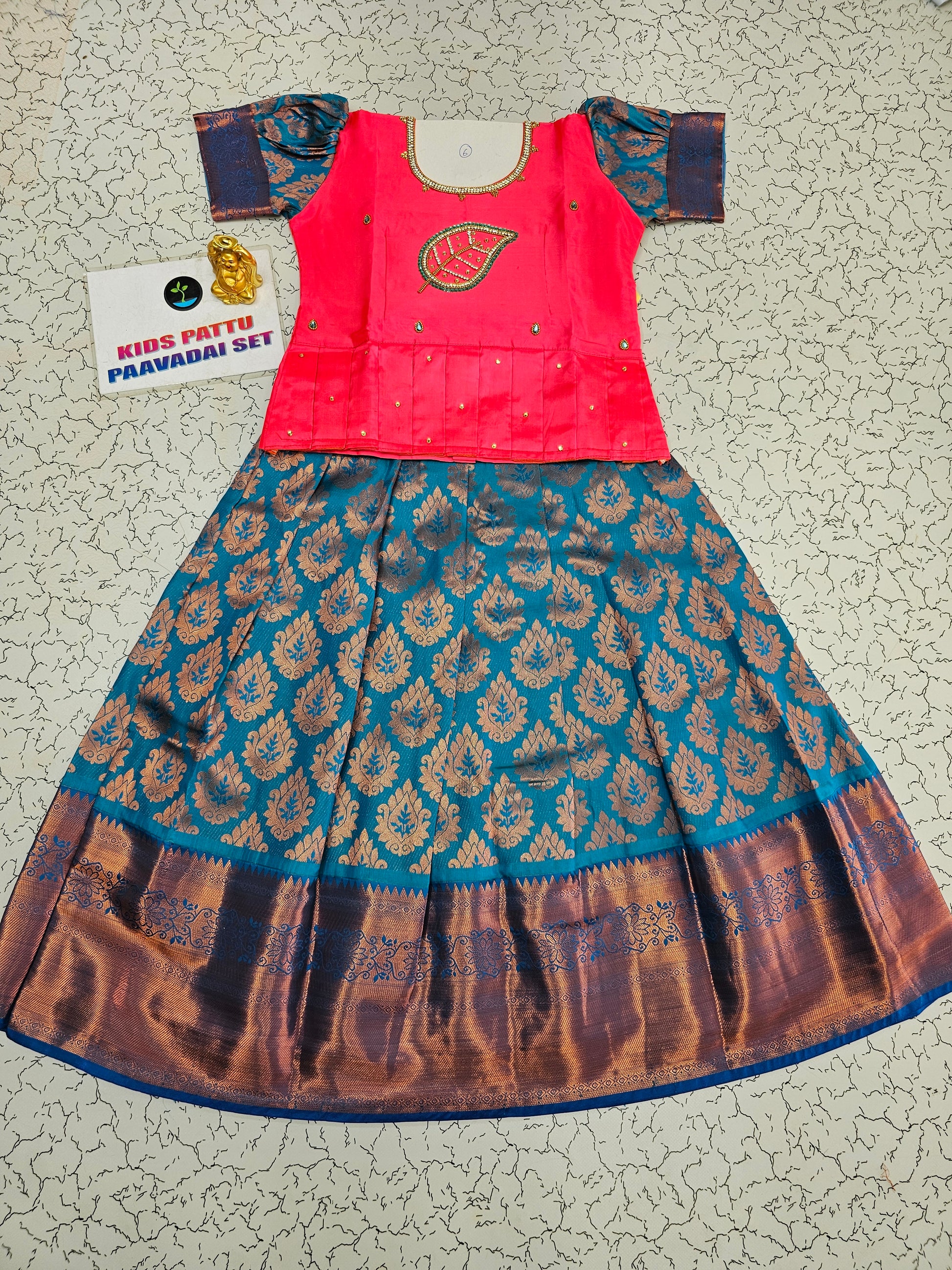 Pink and teal blue bridal silk pattu pavadai for kids with puff sleeves and leaf embroidery – Sri Thulir Tex traditional South Indian kids wear