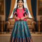 Pink and teal blue bridal silk pattu pavadai for kids with puff sleeves and leaf embroidery – Sri Thulir Tex traditional South Indian kids wear