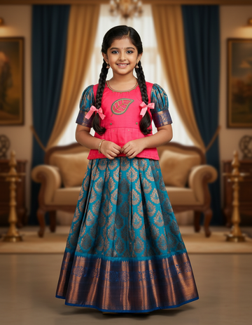Pink and teal blue bridal silk pattu pavadai for kids with puff sleeves and leaf embroidery – Sri Thulir Tex traditional South Indian kids wear