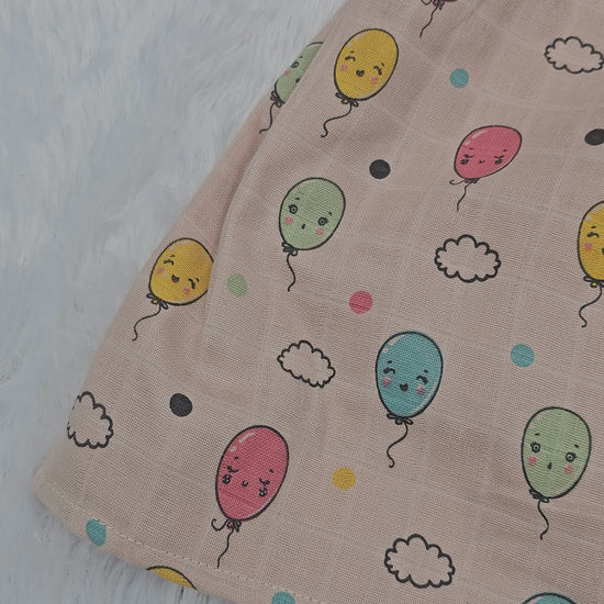 Beige muslin baby frock with balloon and clouds print and butterfly sleeves front open design – Sri Thulir Tex