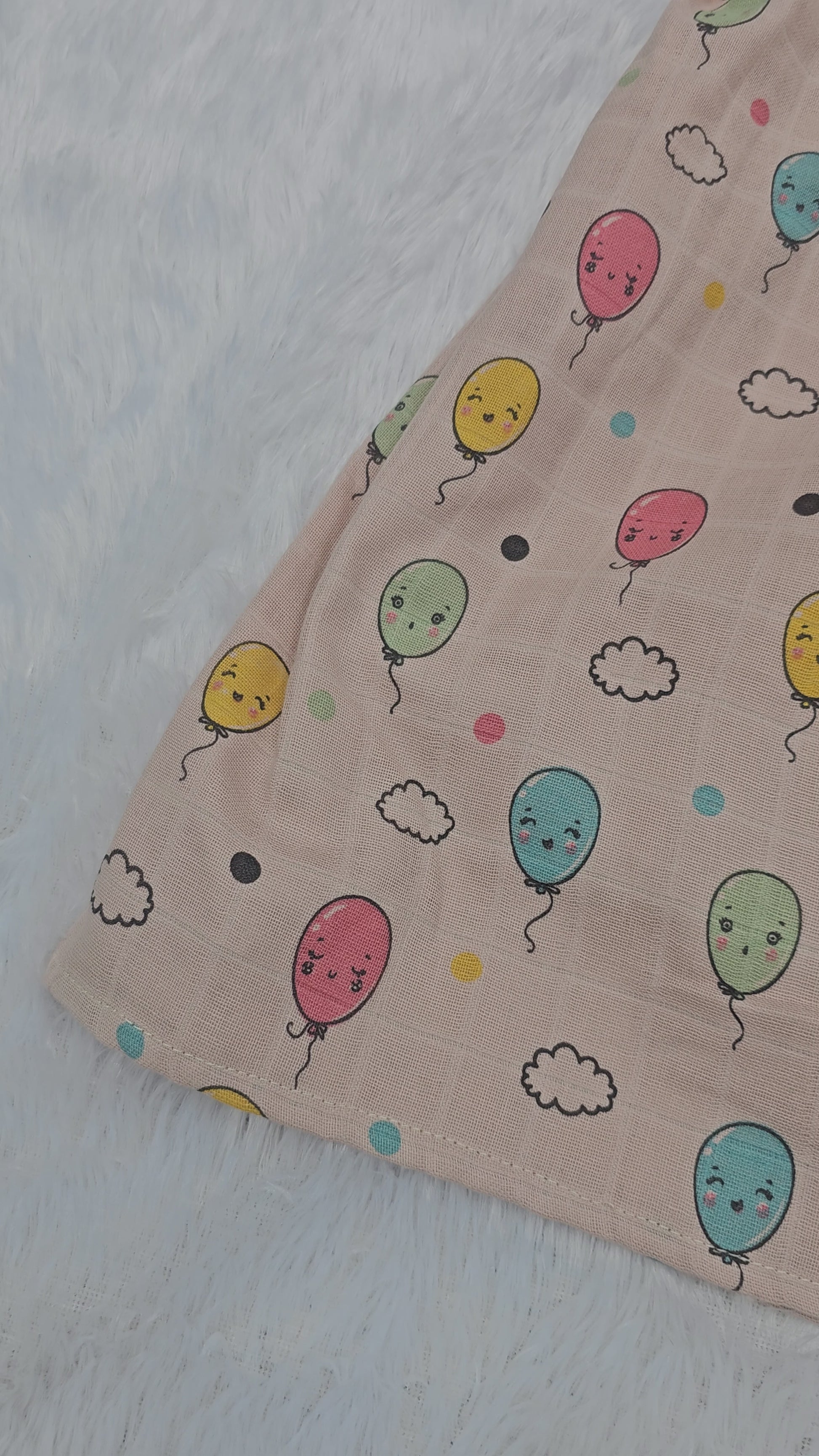 Beige muslin baby frock with balloon and clouds print and butterfly sleeves front open design – Sri Thulir Tex