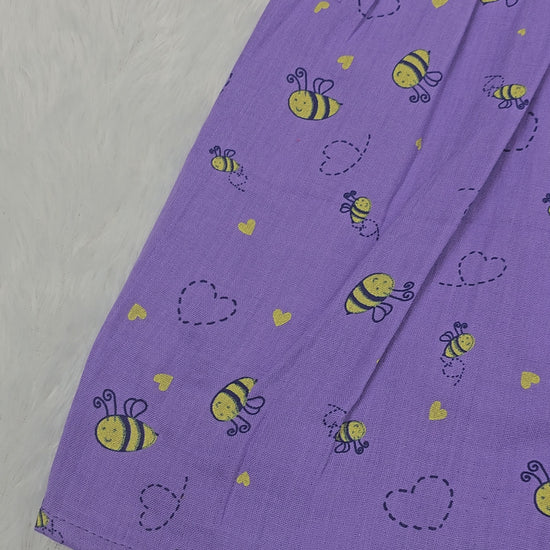 Purple muslin baby frock with bee print and butterfly sleeves front open design – Sri Thulir Tex