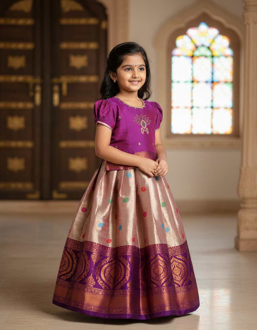 Purple and golden Banarasi semi silk pattu pavadai for girls with puff sleeve and zari border – Sri Thulir Tex