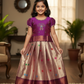 Purple and golden Banarasi semi silk pattu pavadai for girls with puff sleeve and zari border – Sri Thulir Tex