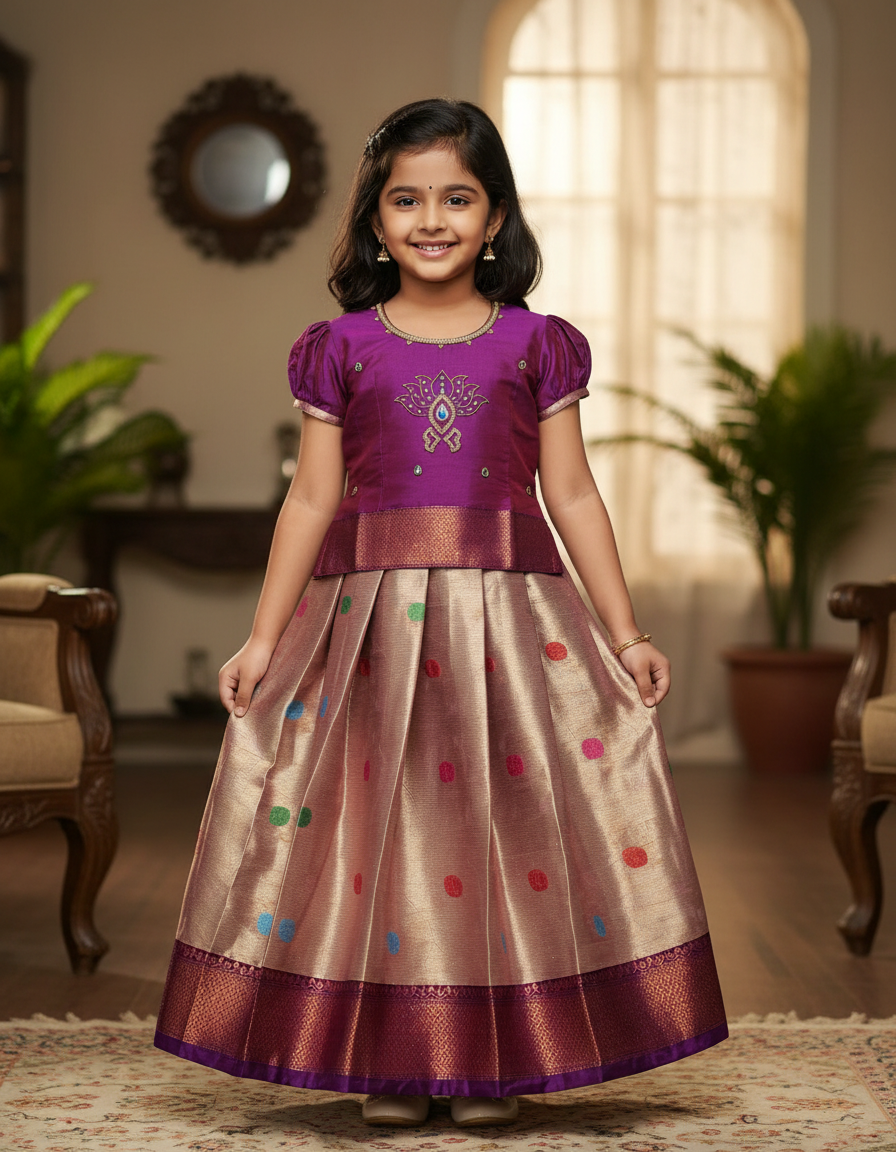 Purple and golden Banarasi semi silk pattu pavadai for girls with puff sleeve and zari border – Sri Thulir Tex