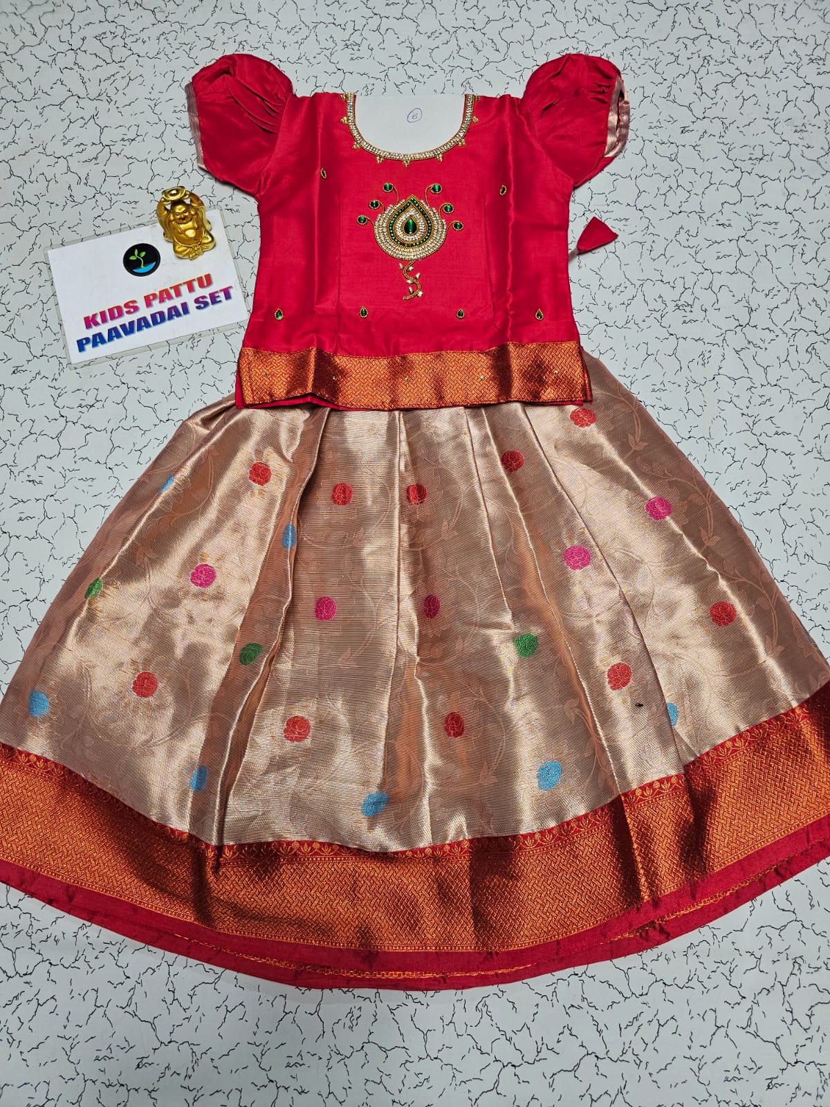 Red and golden Banarasi semi silk pattu pavadai for girls with puff sleeves and zari border – Sri Thulir Tex