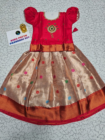 Red and golden Banarasi semi silk pattu pavadai for girls with puff sleeves and zari border – Sri Thulir Tex