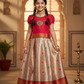 Red and golden Banarasi semi silk pattu pavadai for girls with puff sleeves and zari border – Sri Thulir Tex
