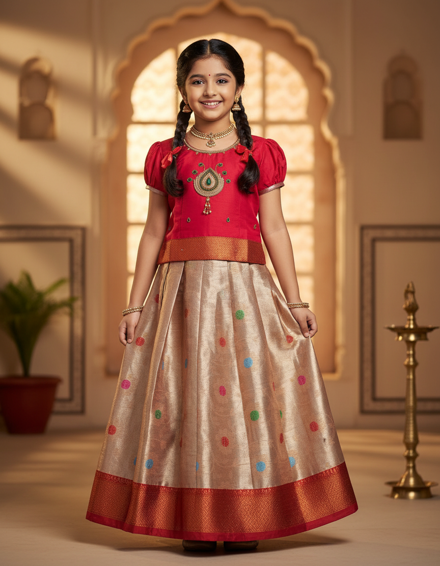 Red and golden Banarasi semi silk pattu pavadai for girls with puff sleeves and zari border – Sri Thulir Tex