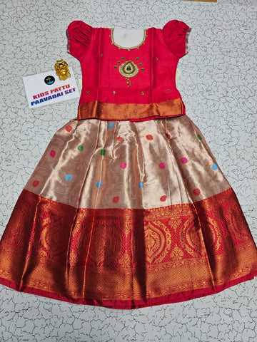 Red and golden Banarasi semi silk pattu pavadai for girls with puff sleeves and zari border – Sri Thulir Tex
