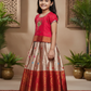 Red and golden Banarasi semi silk pattu pavadai for girls with puff sleeves and zari border – Sri Thulir Tex