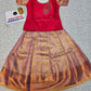 Red and lavender kids pattu pavadai set with puff sleeves and bridal silk skirt by Sri Thulir Tex
