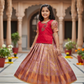 Red and lavender kids pattu pavadai set with puff sleeves and bridal silk skirt by Sri Thulir Tex