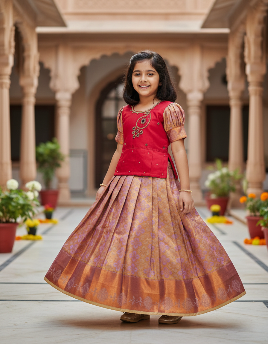 Red and lavender kids pattu pavadai set with puff sleeves and bridal silk skirt by Sri Thulir Tex