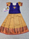 Royal blue and gold kids pattu pavadai set with puff sleeves and bridal silk skirt by Sri Thulir Tex