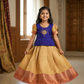 Royal blue and gold kids pattu pavadai set with puff sleeves and bridal silk skirt by Sri Thulir Tex