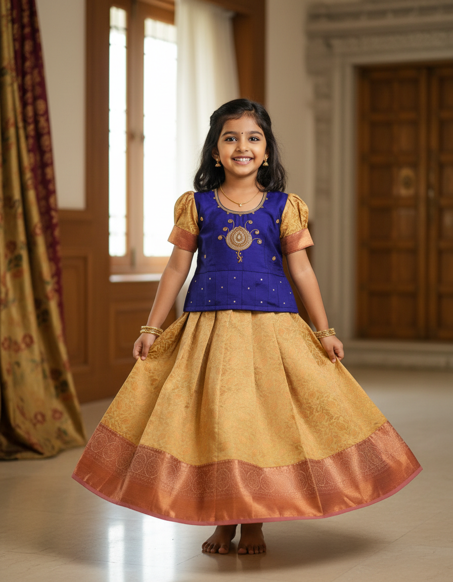 Royal blue and gold kids pattu pavadai set with puff sleeves and bridal silk skirt by Sri Thulir Tex