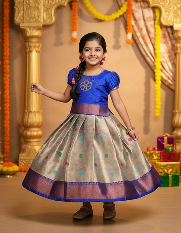 Royal blue and golden Banarasi semi silk pattu pavadai for girls with puff sleeve and elegant zari border – Sri Thulir Tex