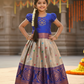 Royal blue and golden Banarasi semi silk pattu pavadai for girls with puff sleeves and zari border – Sri Thulir Tex