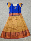 Royal blue and golden yellow silk pattu pavadai for girls with zari leaf embroidery blouse and puff sleeves – Sri Thulir Tex