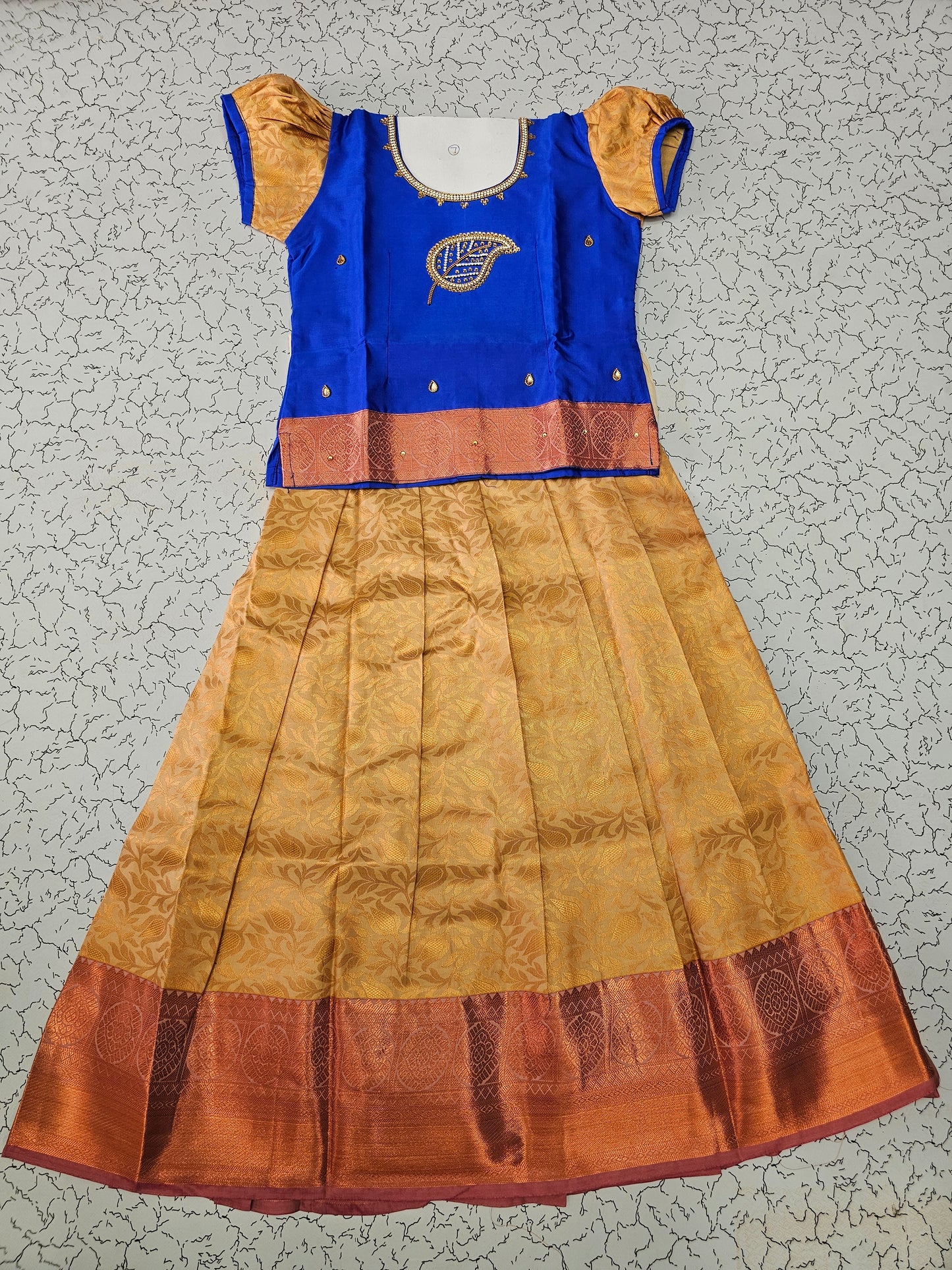 Royal blue and golden yellow silk pattu pavadai for girls with zari leaf embroidery blouse and puff sleeves – Sri Thulir Tex