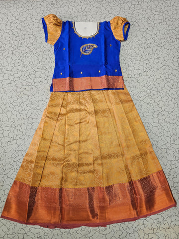 Royal blue and golden yellow silk pattu pavadai for girls with zari leaf embroidery blouse and puff sleeves – Sri Thulir Tex