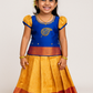 Royal blue and golden yellow silk pattu pavadai for girls with zari leaf embroidery blouse and puff sleeves – Sri Thulir Tex