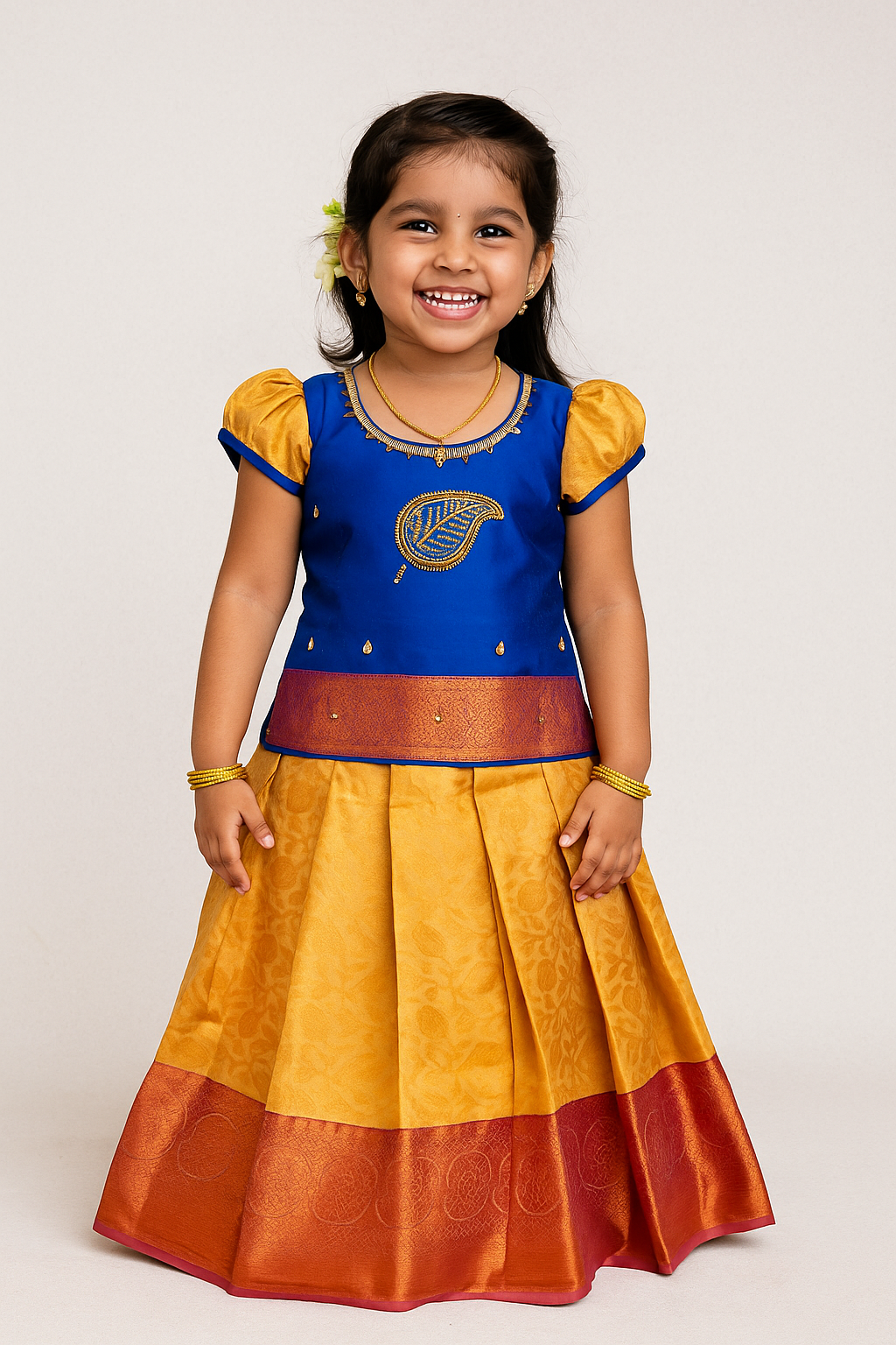Royal blue and golden yellow silk pattu pavadai for girls with zari leaf embroidery blouse and puff sleeves – Sri Thulir Tex