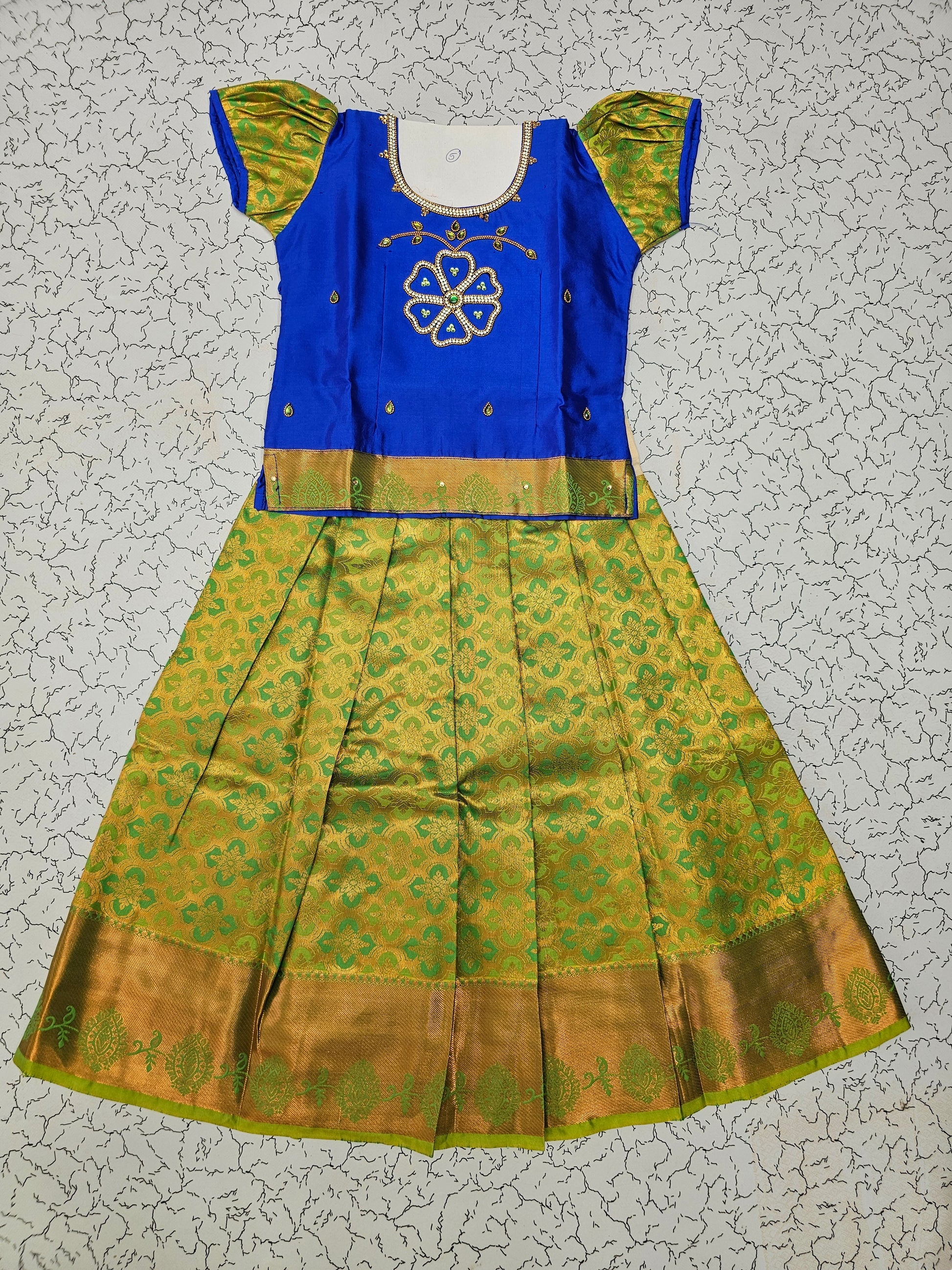 Royal Blue and Green Silk Pattu Pavadai for Baby Girl – Traditional Kids Dress by Sri Thulir Tex
